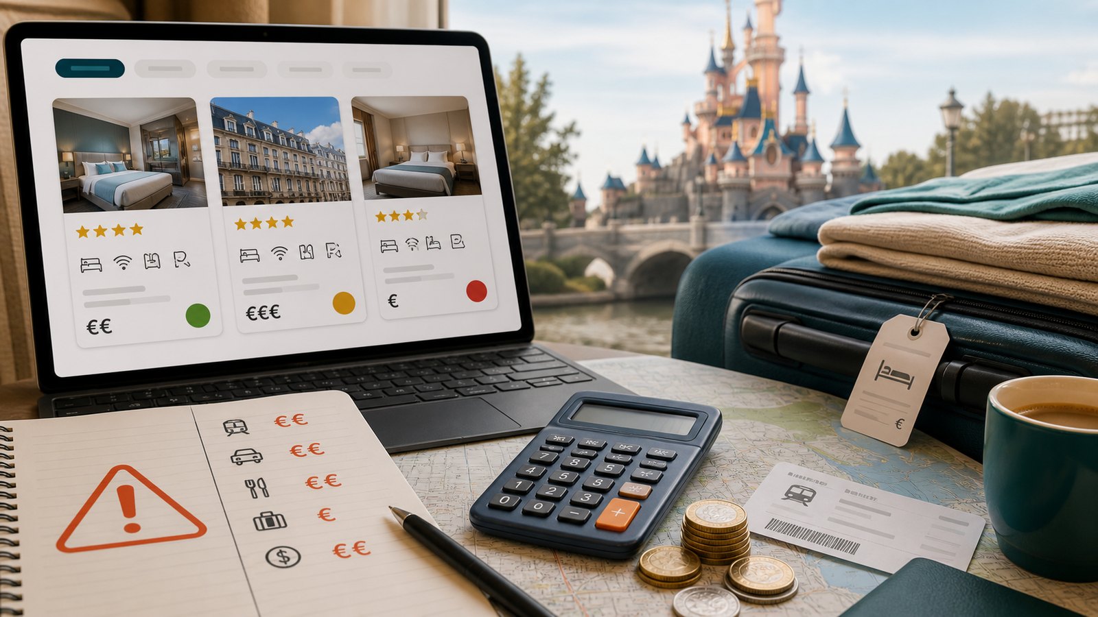 Hotel booking comparison scene with calculator, budget notes, suitcase, and travel planning items