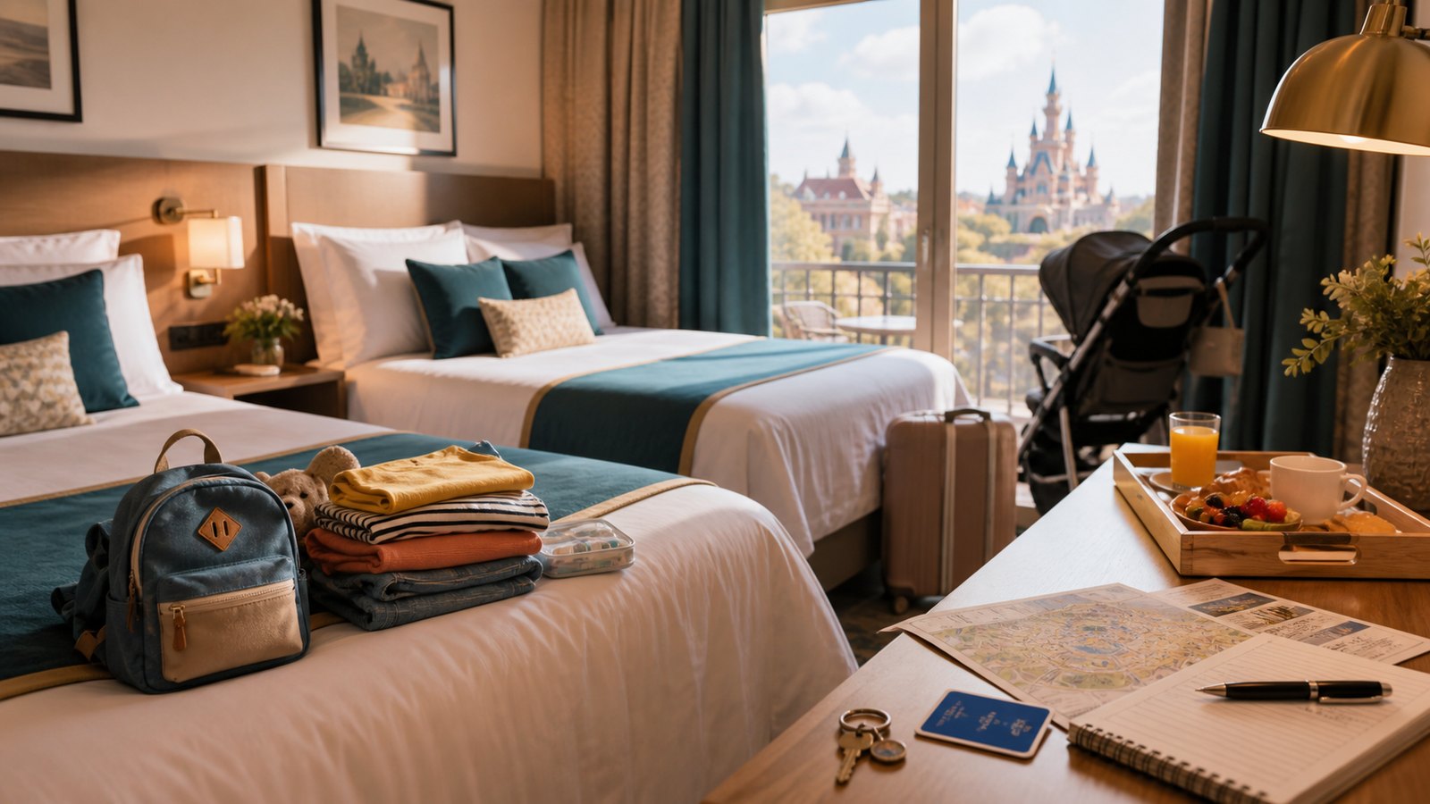 Organised family hotel room with travel bags, folded clothes, breakfast tray, and park planning items