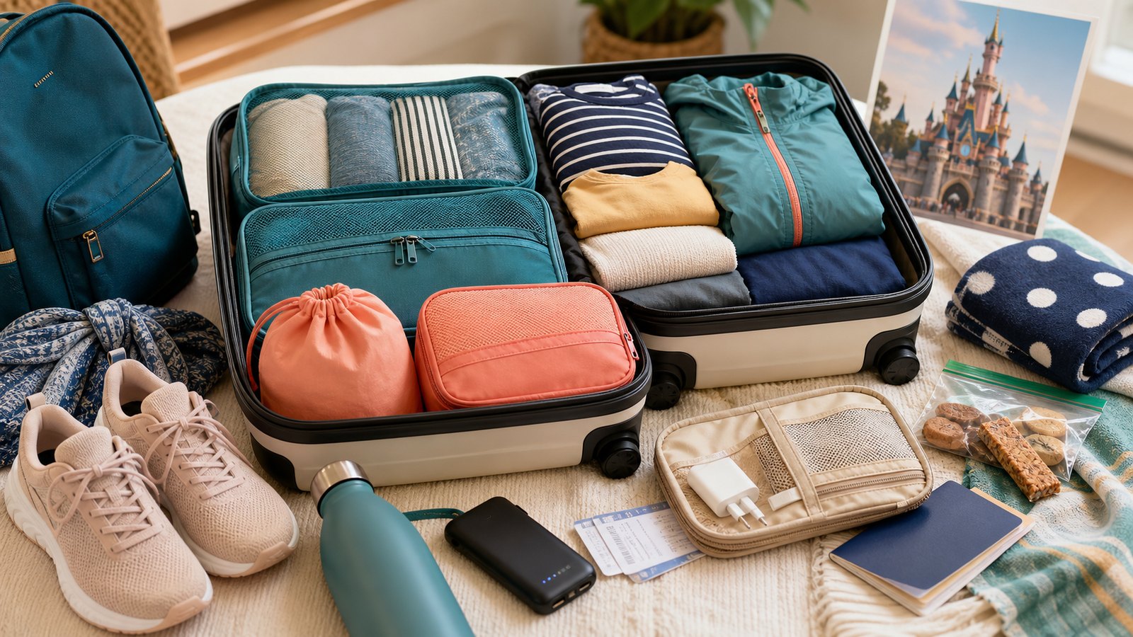 Open suitcase with packing cubes, shoes, rain jacket, water bottle, charger, snacks, and park-day essentials