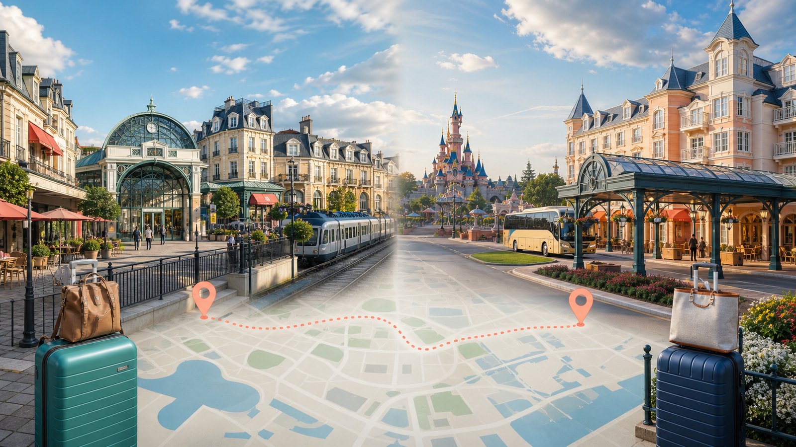 Comparison scene showing a practical nearby town stay and a closer theme park hotel area connected by a route line