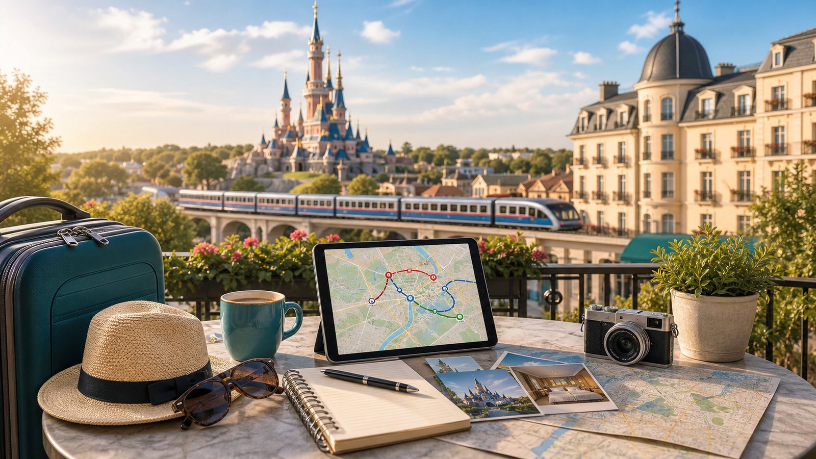 Travel planning table with hotels, transport routes, and a distant fairytale-style theme park castle